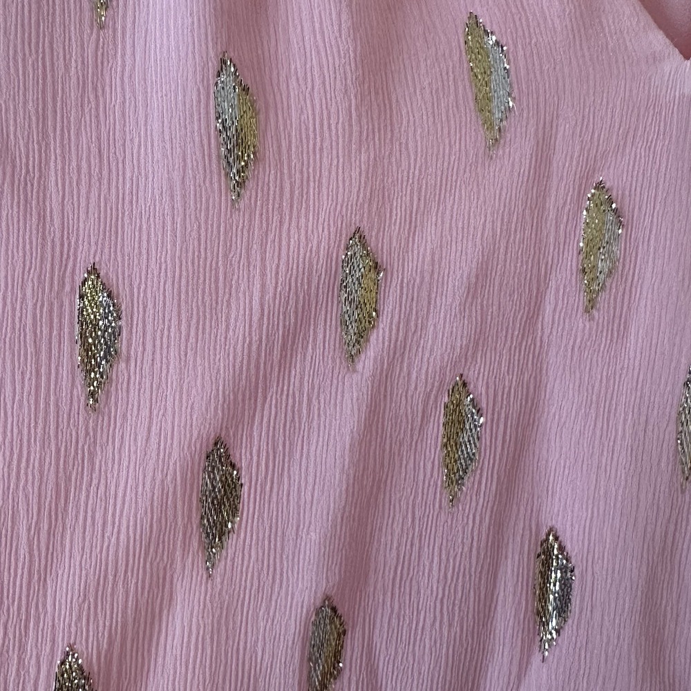 Lilly Pulitzer Tensley‎ Silk Top Pink Metallic Silver Gold Feathers Ruffles Sz S - Picture 9 of 15